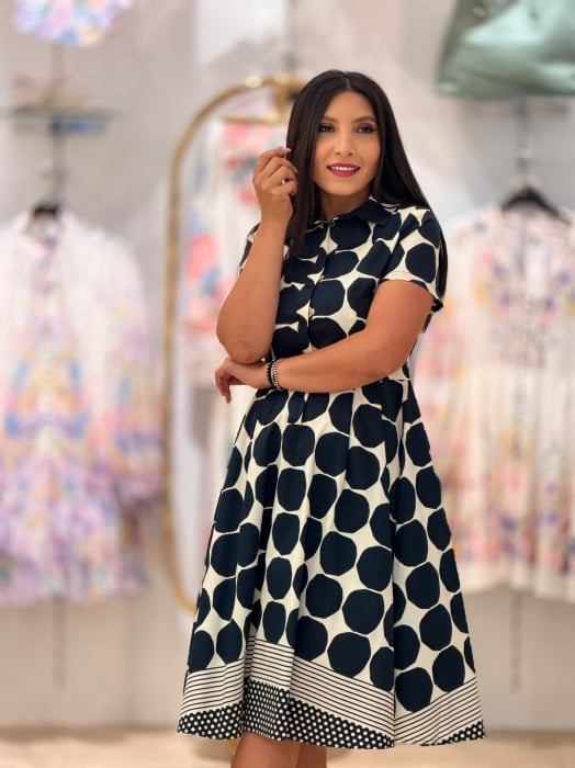 Rochie midi bleumarin cu imprimeu geometric si guler tip camasa [5]