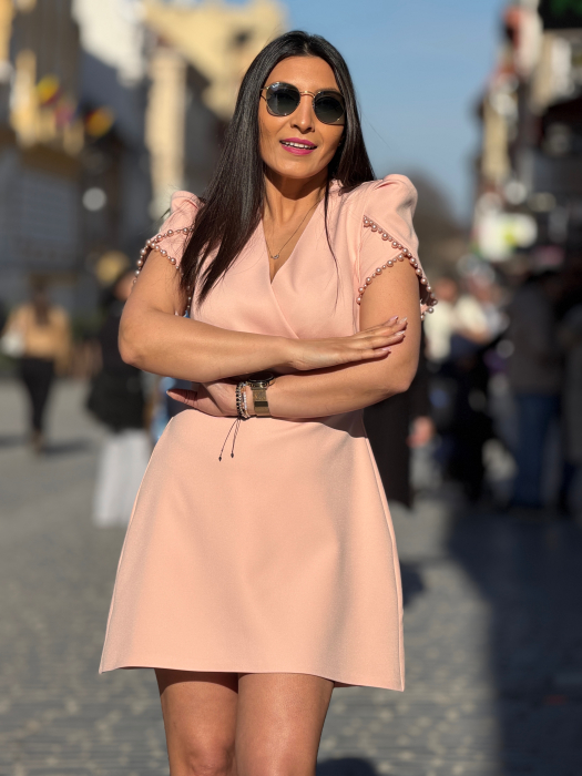 Rochie midi cu detalii perlute la maneca [3]