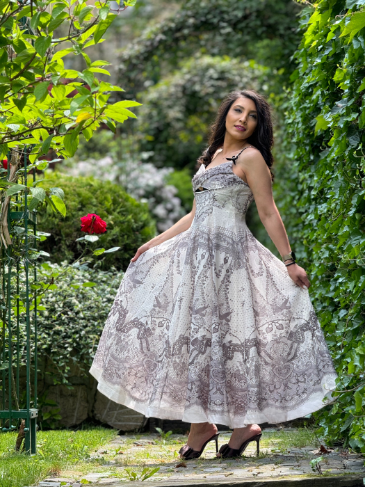 Rochie midi cu imprimeu dantelat si detalii florale [3]