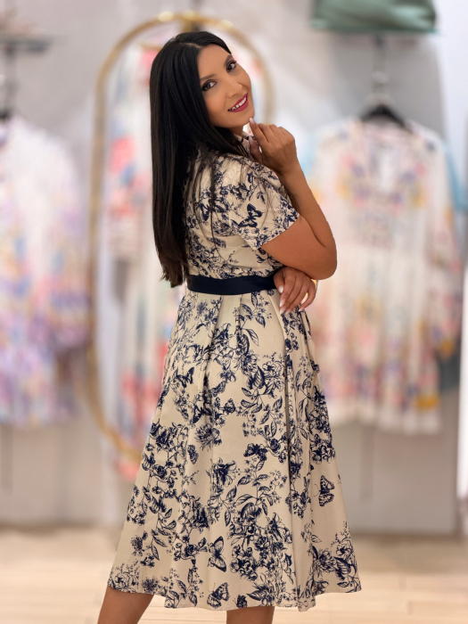 Rochie midi cu imprimeu floral bleumarin si guler tip camasa [5]