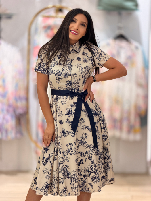 Rochie midi cu imprimeu floral bleumarin si guler tip camasa [4]