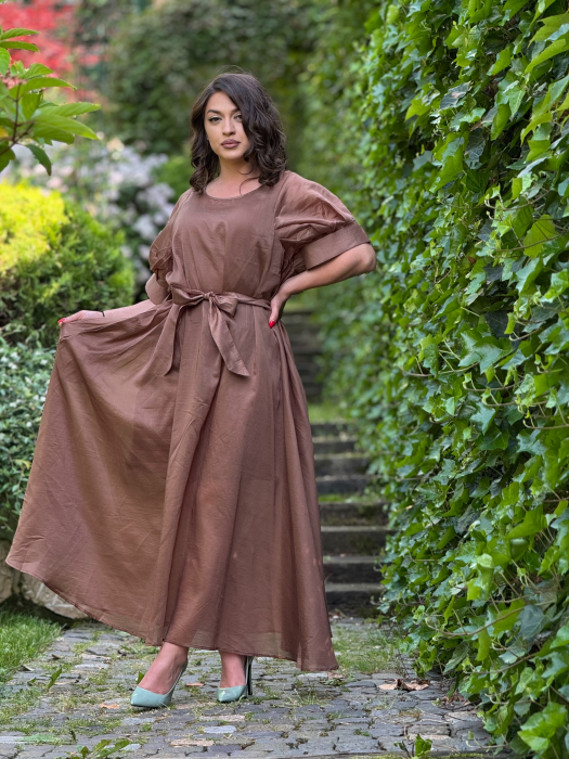 Rochie midi lejera cu maneci bufante si cordon [2]