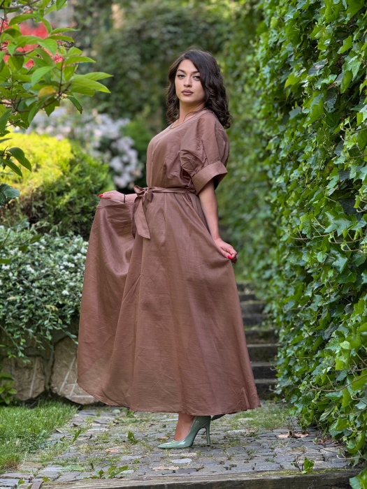 Rochie midi lejera cu maneci bufante si cordon [3]