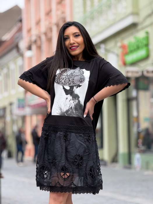 Rochie neagra din bumbac cu imprimeu fata cu palaie [9]