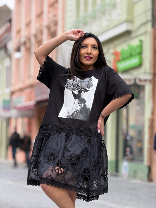 Rochie neagra din bumbac cu imprimeu fata cu palaie [7]