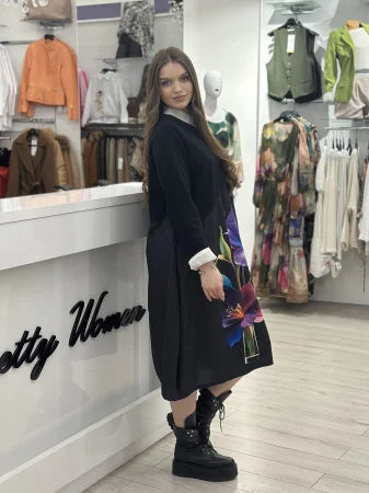Rochie neagra lunga cu imprimeu floare mov si verde [2]