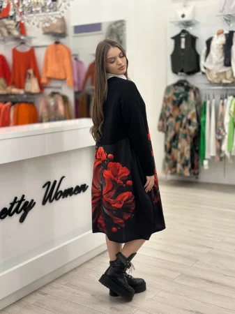 Rochie neagra lunga cu imprimeu flori rosii [2]