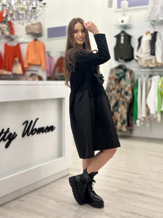 Rochie neagra lunga cu imprimeu flori si fundita [2]