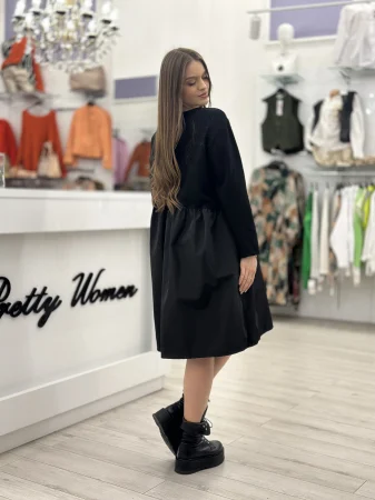 Rochie neagra lunga cu imprimeu flori si fundita [4]
