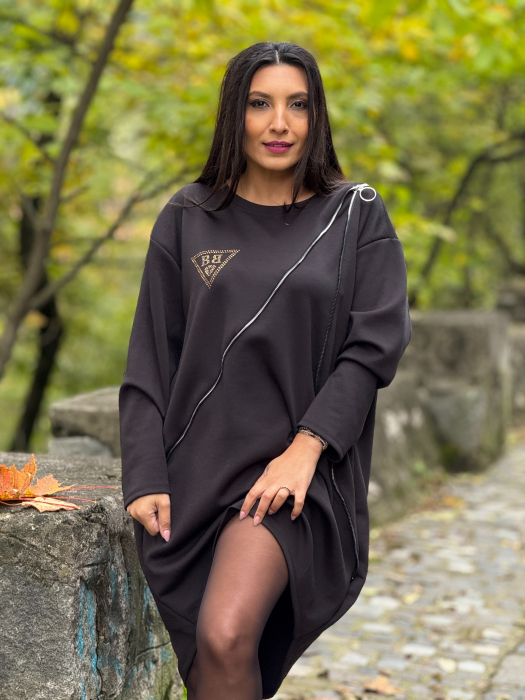 Rochie oversize cu fermoar decorativ si imprimeu diamant [4]