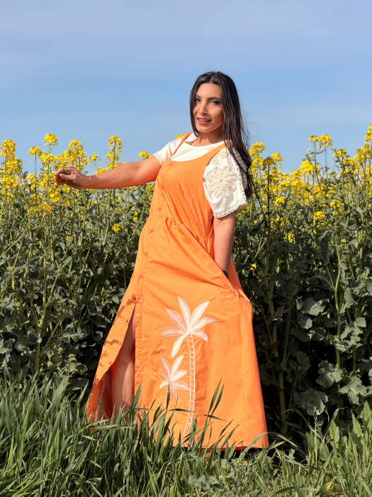 Rochie portocalie din bumbac cu flori brodate [5]