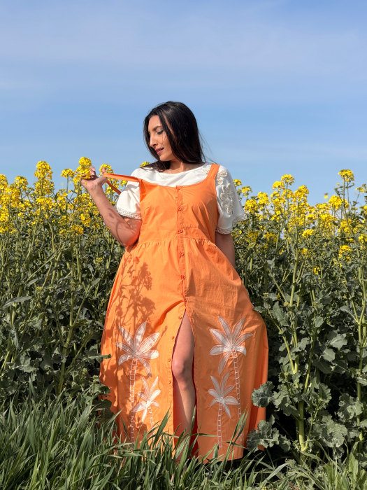 Rochie portocalie din bumbac cu flori brodate [4]