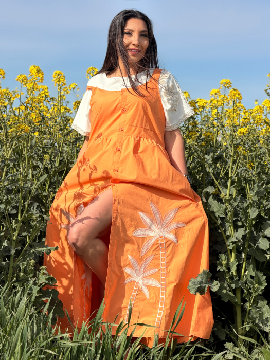 Rochie portocalie din bumbac cu flori brodate [6]