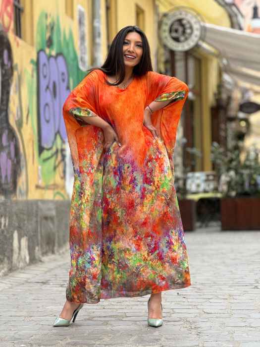 Rochie portocalie din vascaza cu print picasso [6]