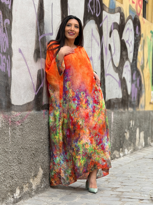 Rochie portocalie din vascaza cu print picasso [9]