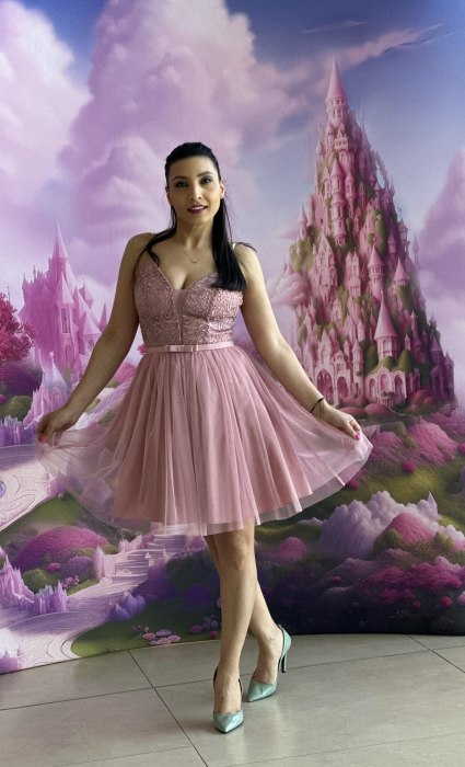 Rochie roz din tulle si funda in talie [2]