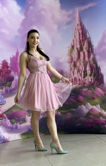 Rochie roz din tulle si funda in talie [6]