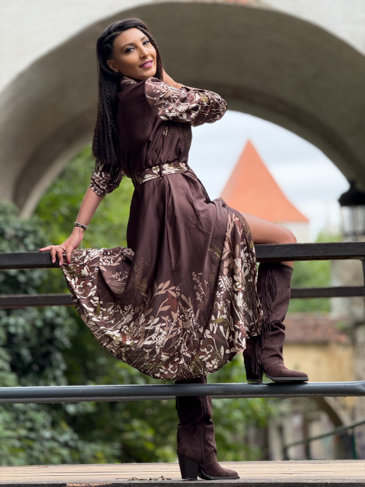 Rochie satinata cu imprimeu floral si curea [7]