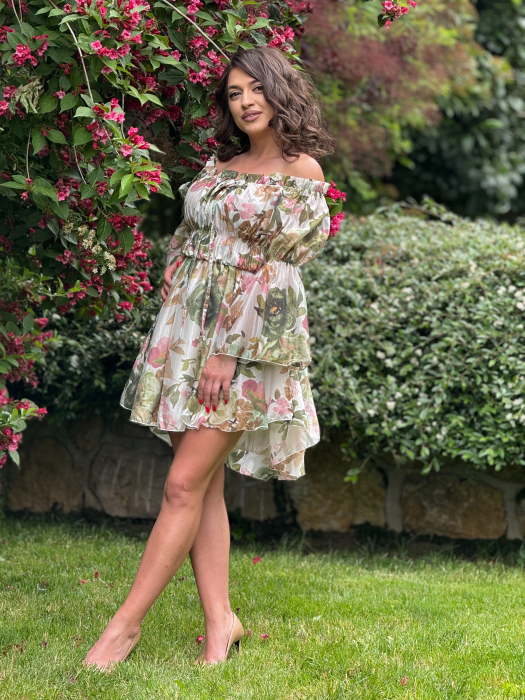 Rochie scurta cu elastic si imprimeu flori verzi [3]