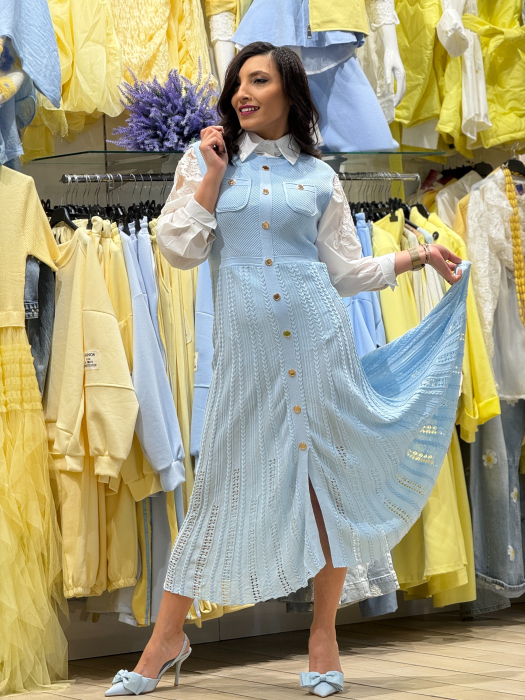 Rochie tricotata fara maneci cu nasturi decorativi si buzunare aplicate [4]