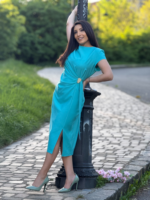 Rochie turcoaz cu detaliu auriu in talie [6]
