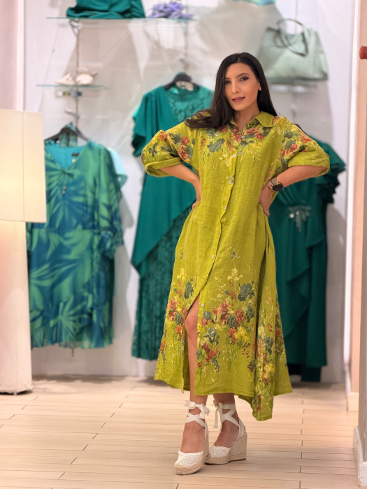 Rochie verde din in cu imprimeu flori [2]