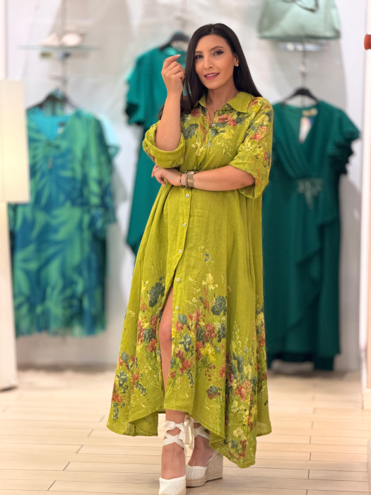 Rochie verde din in cu imprimeu flori [6]