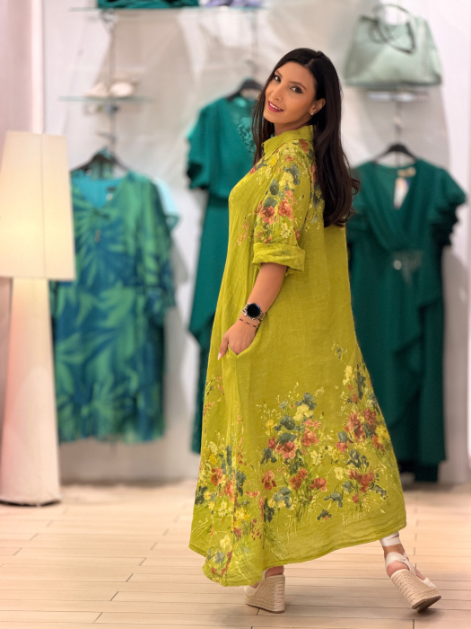 Rochie verde din in cu imprimeu flori [5]