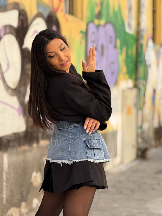 Sacou negru cu aplicatie din jeans detasabila [6]