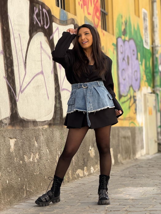 Sacou negru cu aplicatie din jeans detasabila [4]