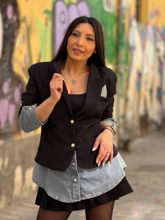 Sacou negru cu insertii tip camasa din denim [4]