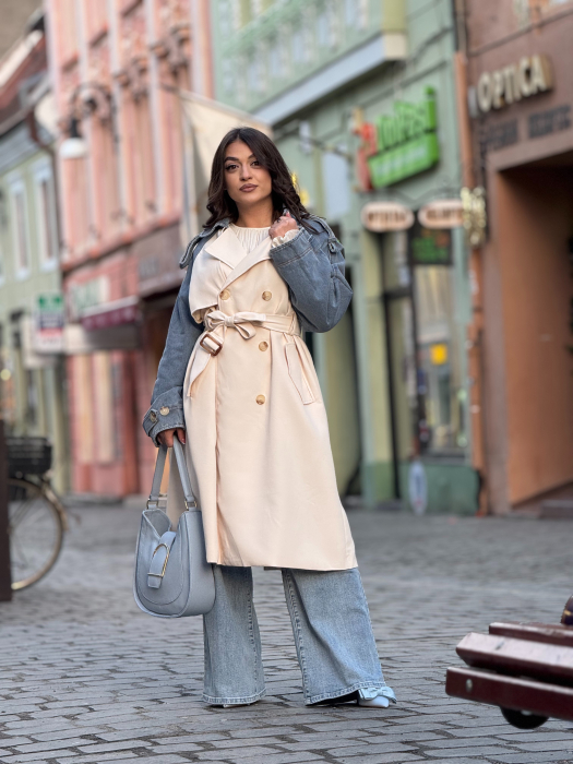 Trench cu detalii din denim si cordon in talie [2]
