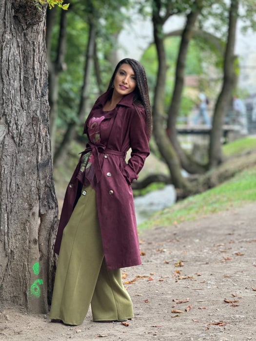 Trench elegant din catifea cu cordon in talie [2]