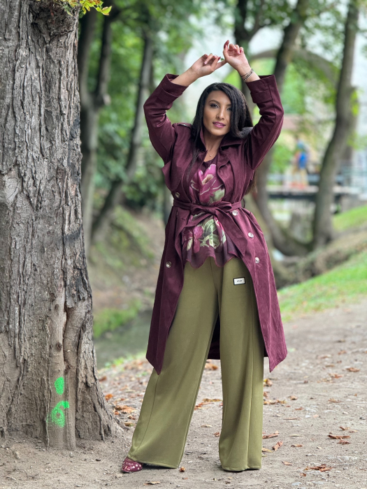 Trench elegant din catifea cu cordon in talie [4]