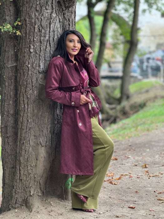 Trench elegant din catifea cu cordon in talie [3]