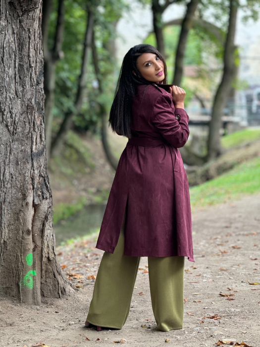 Trench elegant din catifea cu cordon in talie [5]