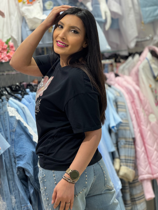 Tricou casual cu imprimeu floral central [4]