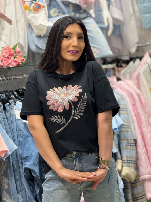 Tricou casual cu imprimeu floral central [2]