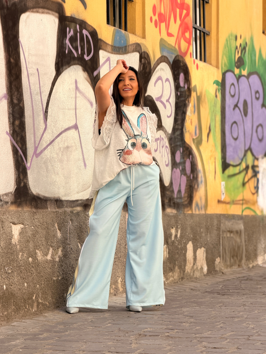 Tricou cu imprimeu iepure si maneci din dantela [7]