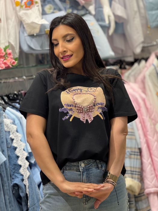 Tricou cu imprimeu palarie decorativa cu aplicatii 3D din margele si cristale [2]