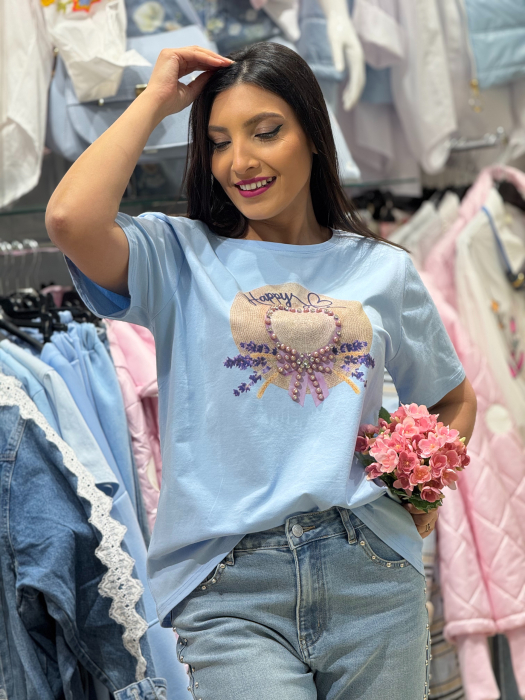 Tricou cu imprimeu palarie decorativa cu aplicatii 3D din margele si cristale [2]