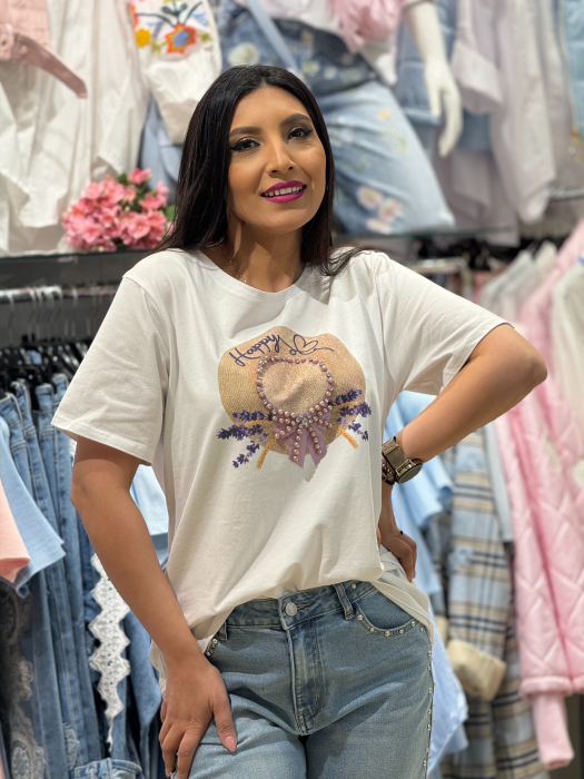 Tricou cu imprimeu palarie decorativa cu aplicatii 3D din margele si cristale [3]