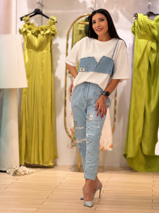 Tricou din bumbac cu detaliu din jeans [4]