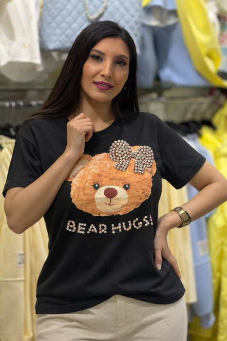 Tricou lejer cu imprimeu ursuleț, fundiță strălucitoare și detalii decorative [2]