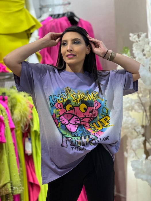 Tricou oversized cu imprimeu Pantera roz si design graffiti [2]
