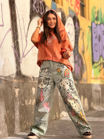 Pantaloni - Blugi cu imprimeu pisicuta si catel