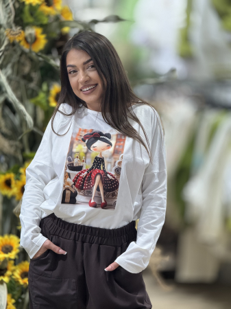 Colectia NOUA - Bluza alba cu imprimeu fetita cu perlute