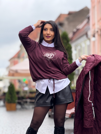 Bluza bordo cu imprimeu floral si snur ajustabil [1]