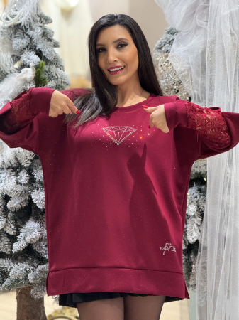 Bluze si camasi - Bluza bordo cu maneca din dantela si imprimeu diamant