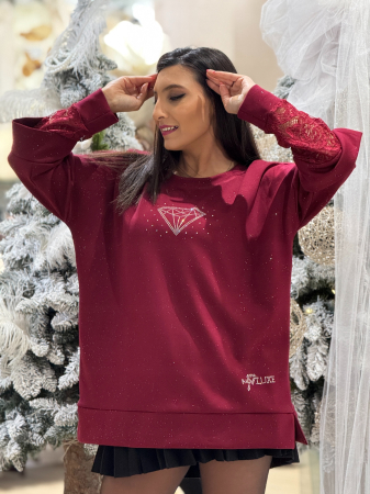 Bluza bordo cu maneca din dantela si imprimeu diamant [2]
